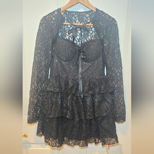 Cider Black Sequined Lace Long Sleeve Dress Alt Goth